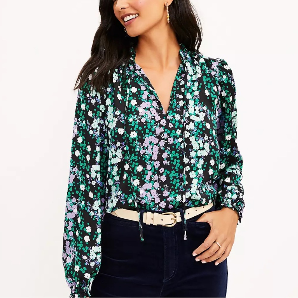 LOFT Floral Ruffle Tie-Neck Blouse XSP Mixed Media Romantic Top